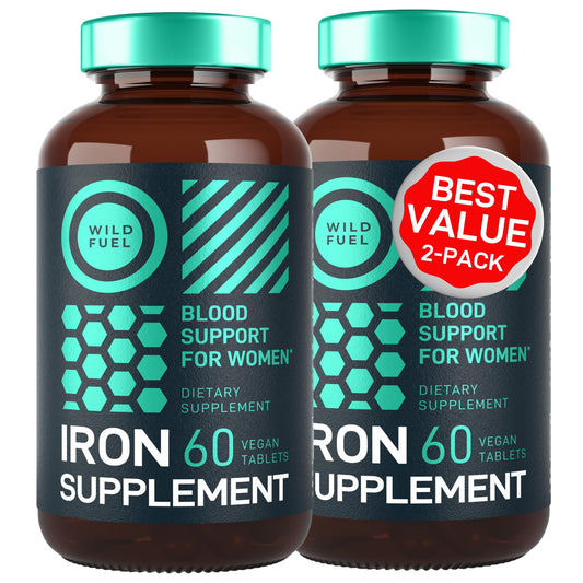 Wild Fuel vegan iron supplement bottle front showing branding and iron-rich formula for daily support.