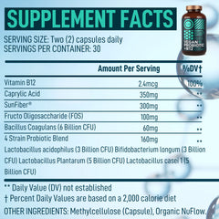 Wild Fuel Vegan Probiotic Plus B12 & FOS capsules close-up for energy