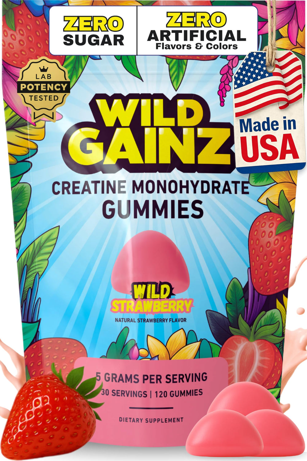 WILD GAINZ Creatine Gummies bottle front showing convenient daily supplementation