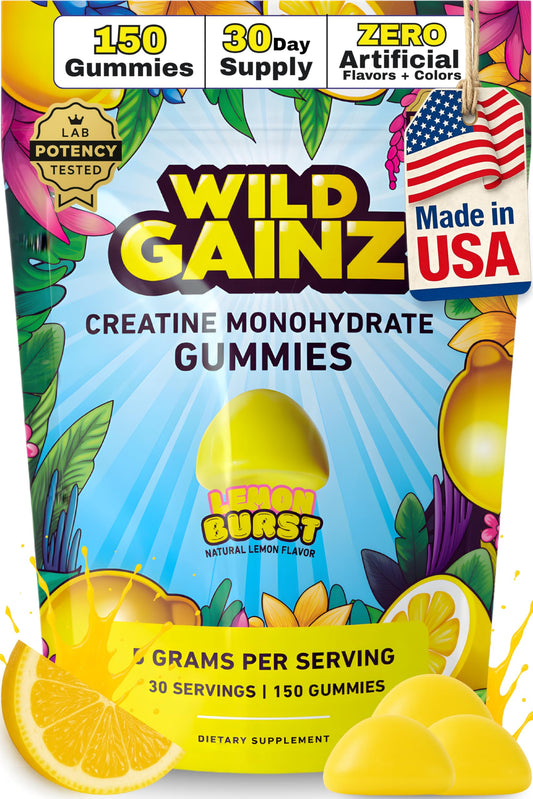 Wild Gainz Creatine Monohydrate Gummies lemon pack front for convenient daily dosing.