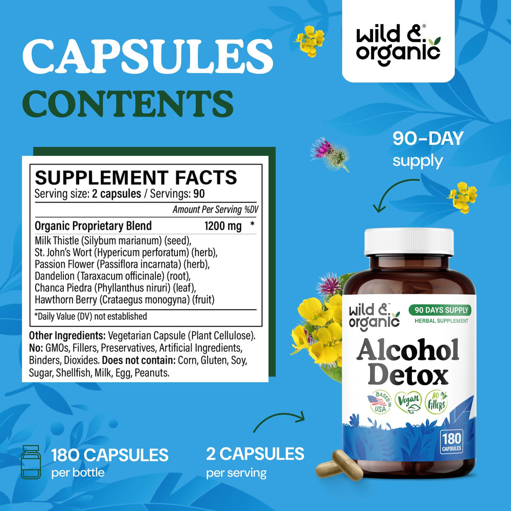 Wild & Organic bottle with ingredients list visible, may support liver and kidney health.
