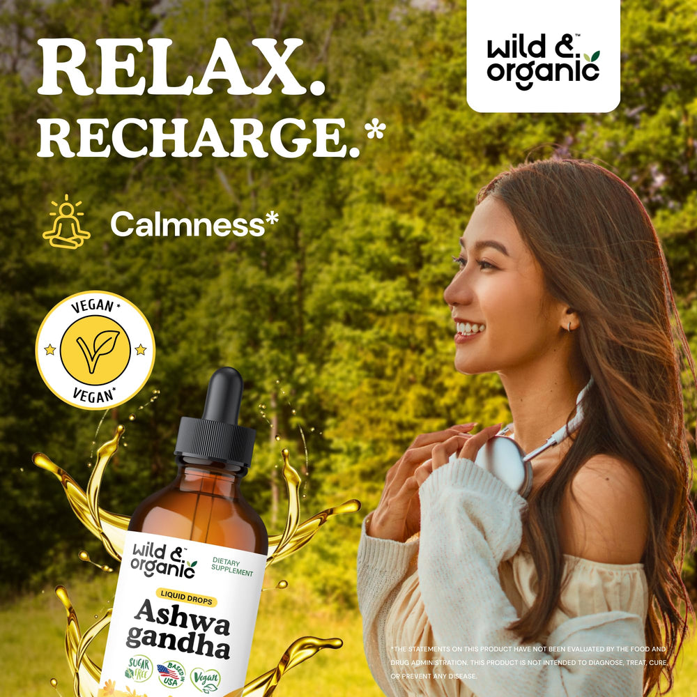 Wild & Organic Ashwagandha Drops bottle side view highlighting label.