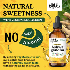 Wild & Organic Ashwagandha Drops ingredient label close-up featuring vegan glycerin.
