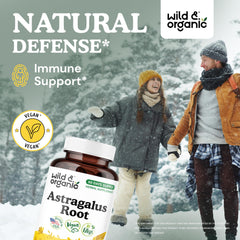 Wild & Organic label closeup highlighting vegan and non-GMO formula with no fillers