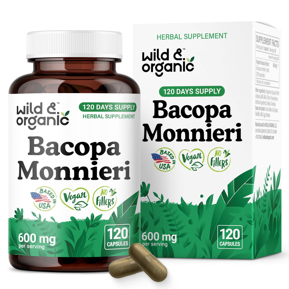 Wild & Organic bacopa monnieri capsules bottle showing 600 mg brain support