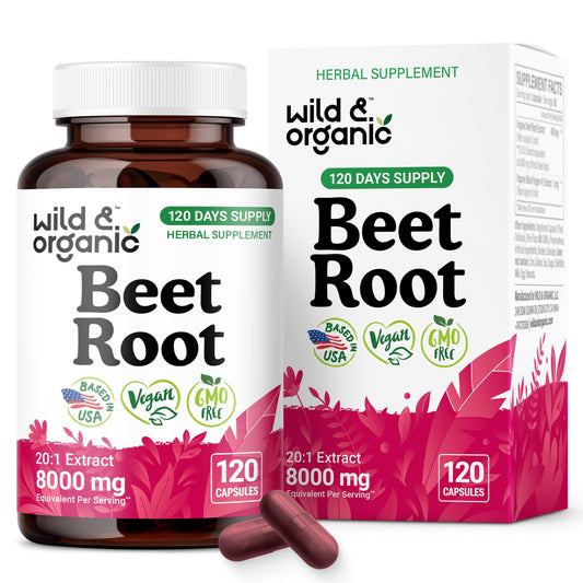 Wild & Organic Beet Root Capsules bottle front showing 120-day vegan supply for daily wellness.