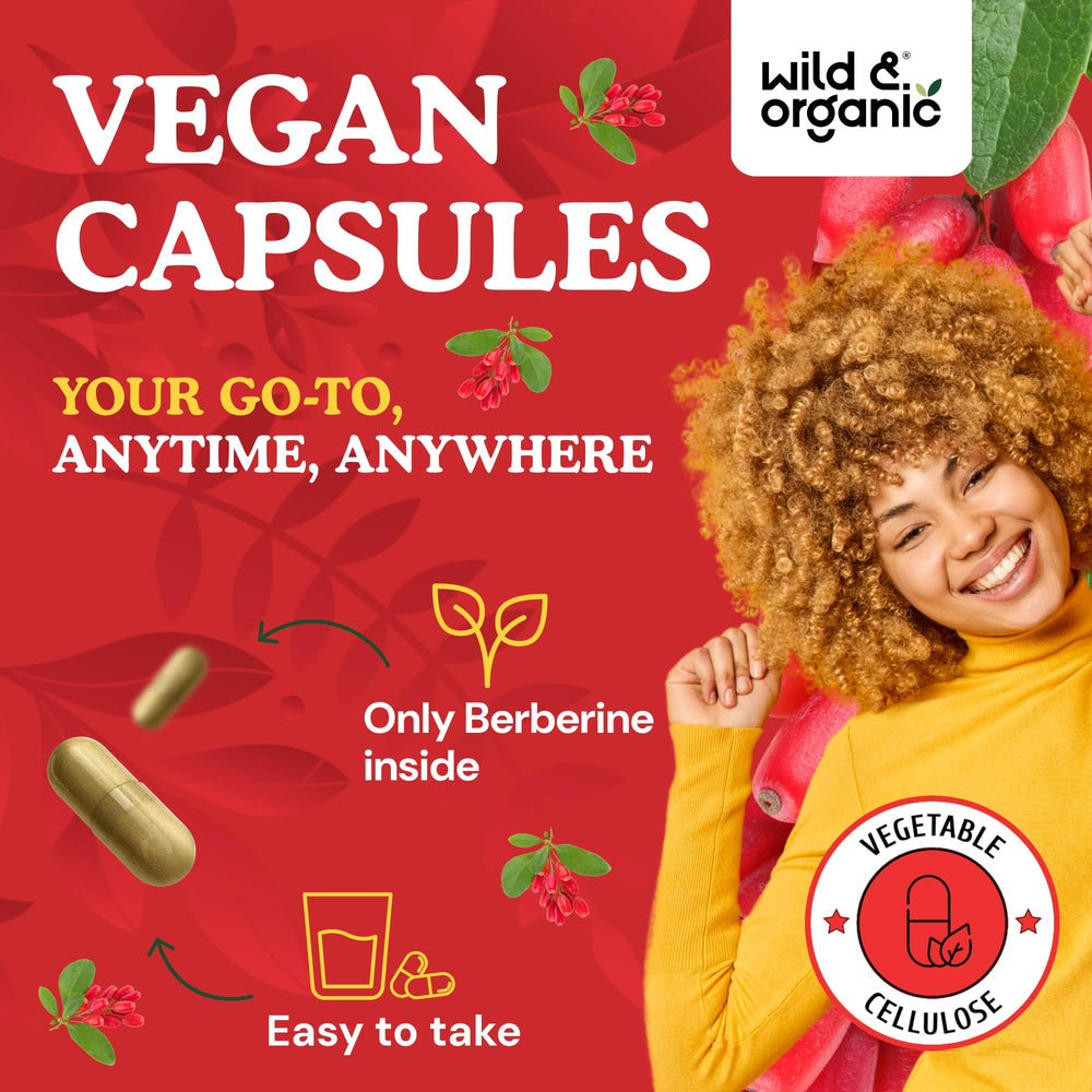 Wild & Organic Berberine vegan coating on capsule shells for plant-based compliance.