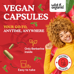 Wild & Organic Berberine vegan coating on capsule shells for plant-based compliance.