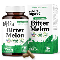 Wild & Organic bitter melon capsules bottle, vegan and non-GMO daily supplement.