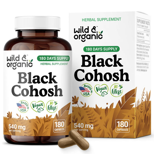 Wild & Organic Black Cohosh bottle label highlighting natural menopause support option