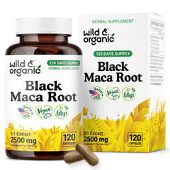 Wild & Organic black maca capsules in bottle for daily wellness