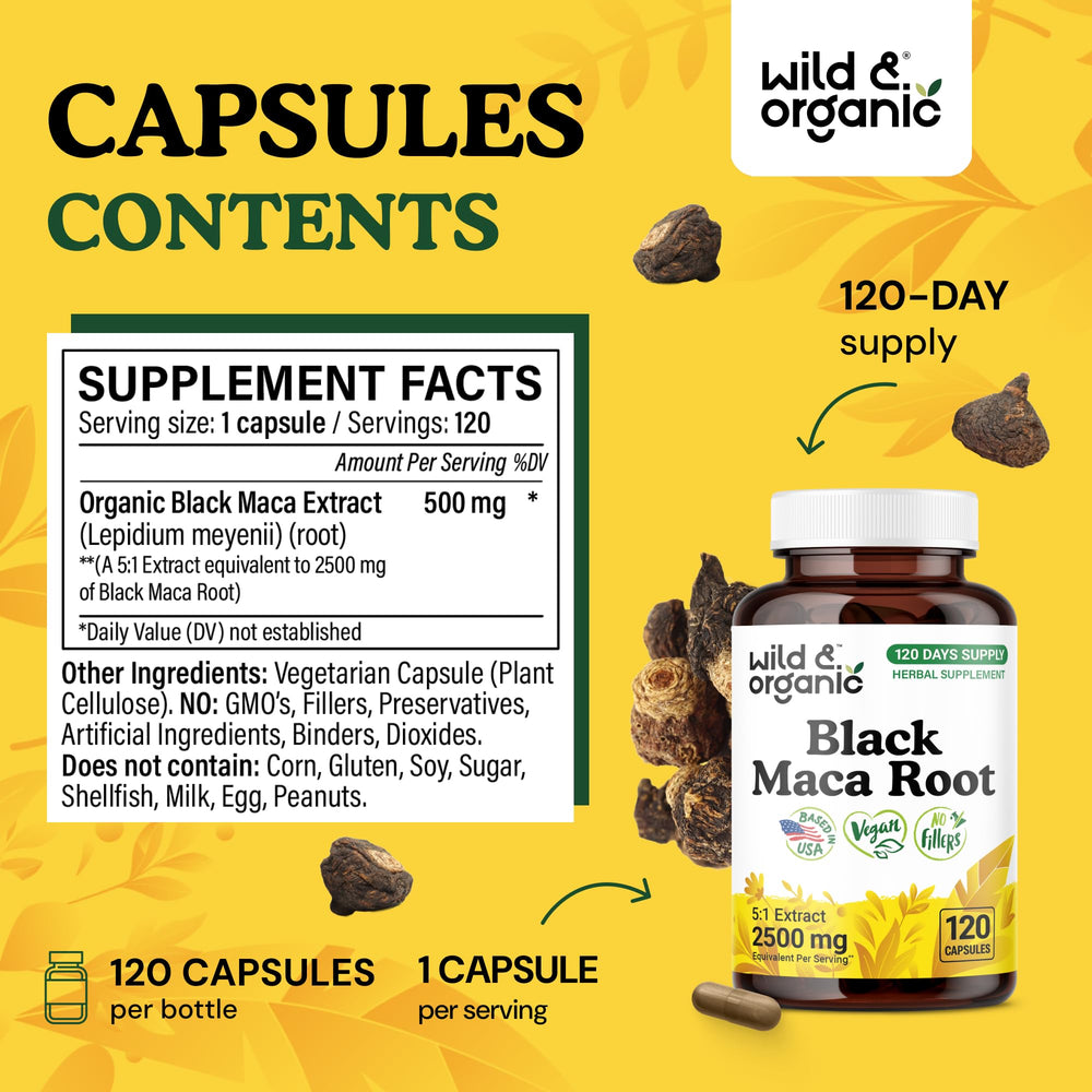 Maca powder and capsules display from Wild & Organic line