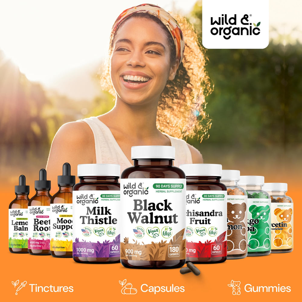 Wild & Organic black walnut hull capsules vegan coating visible on capsules.