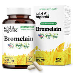 Wild & Organic bromelain 500mg capsules package for digestive support.