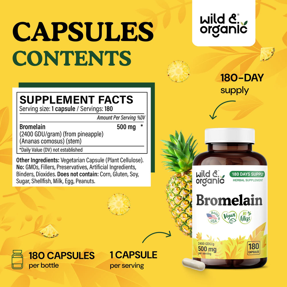 Wild & Organic bromelain label design highlights pineapple enzyme source for natural support.