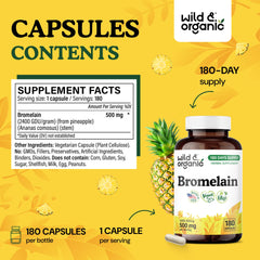 Wild & Organic bromelain label design highlights pineapple enzyme source for natural support.