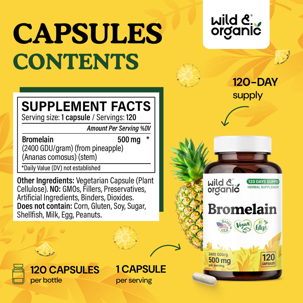 Wild & Organic bromelain pineapple enzyme capsules on table showing easy-to-take design.