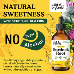 Back label notes GMO-free, vegan formula of Wild & Organic burdock tincture.