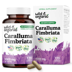 Wild & Organic Caralluma Fimbriata capsules bottle front, vegan, non-GMO lifestyle support.