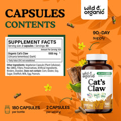 Wild & Organic Cats Claw bottle label detailing clean ingredients.
