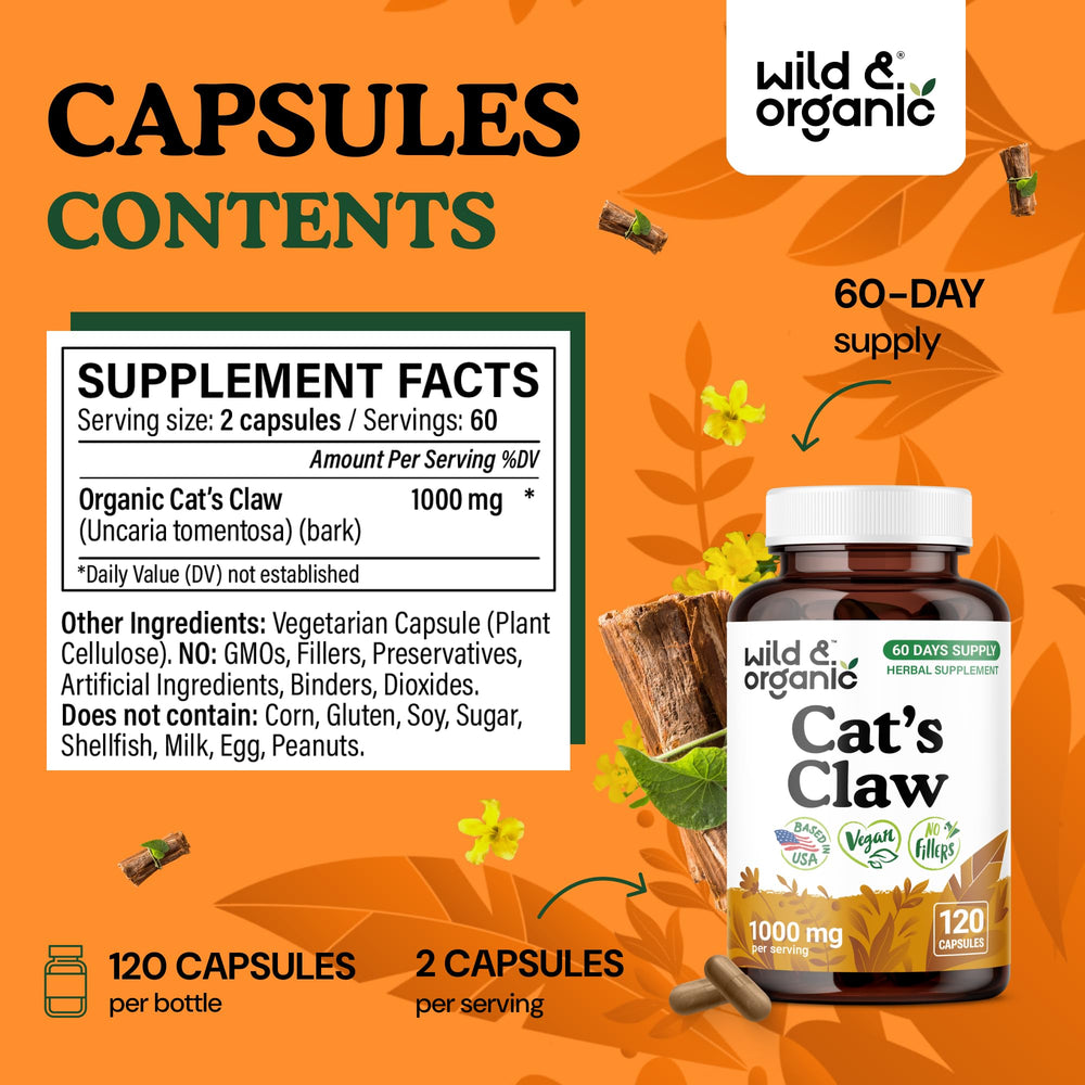 Wild & Organic Cats Claw capsules in bottle emphasize convenient daily dose.