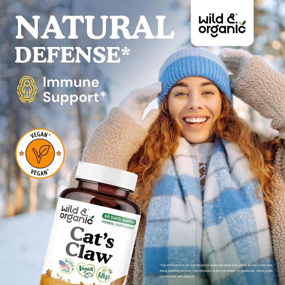 Wild & Organic Cats Claw label closeup highlighting vegan, non-GMO formula.
