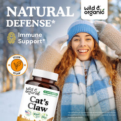 Wild & Organic Cats Claw label closeup highlighting vegan, non-GMO formula.