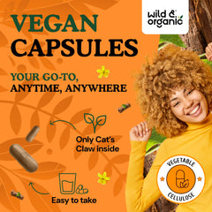 Wild & Organic Cats Claw powder inside capsules for daily use.