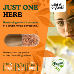 Wild & Organic Cats Claw vegan-friendly label communicates clean, filler-free capsules.