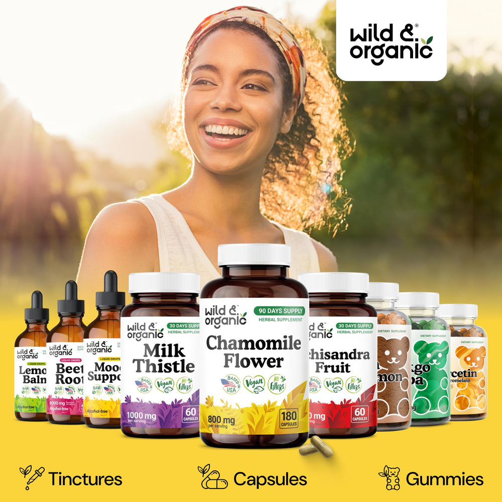 Wild & Organic chamomile capsules with powder visual emphasize natural plant-based wellness.