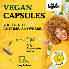 Wild & Organic vegan coating visible on chamomile capsules promoting clean, cruelty-free use.