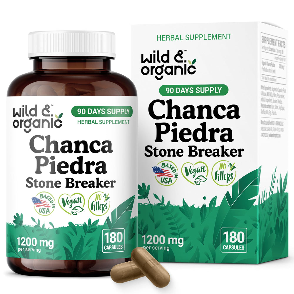 Wild & Organic chanca piedra bottle showing 180 capsules for kidney and gallbladder support.