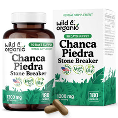 Wild & Organic chanca piedra bottle showing 180 capsules for kidney and gallbladder support.