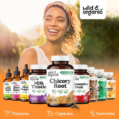 Wild & Organic chicory root fiber capsules back panel indicates dosage and two-per-day guidance