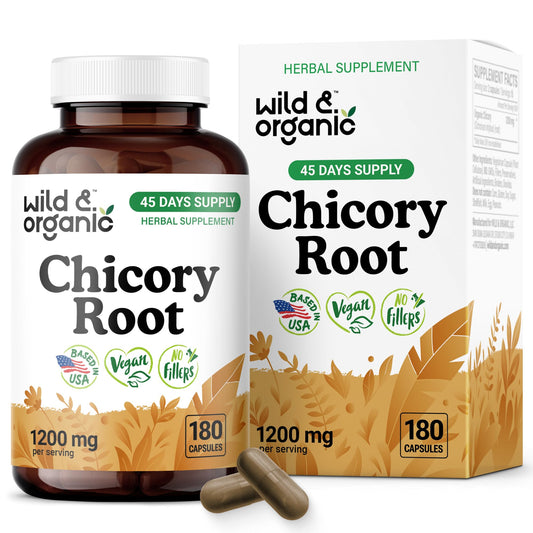 Wild & Organic chicory root fiber capsules bottle front promoting digestive support