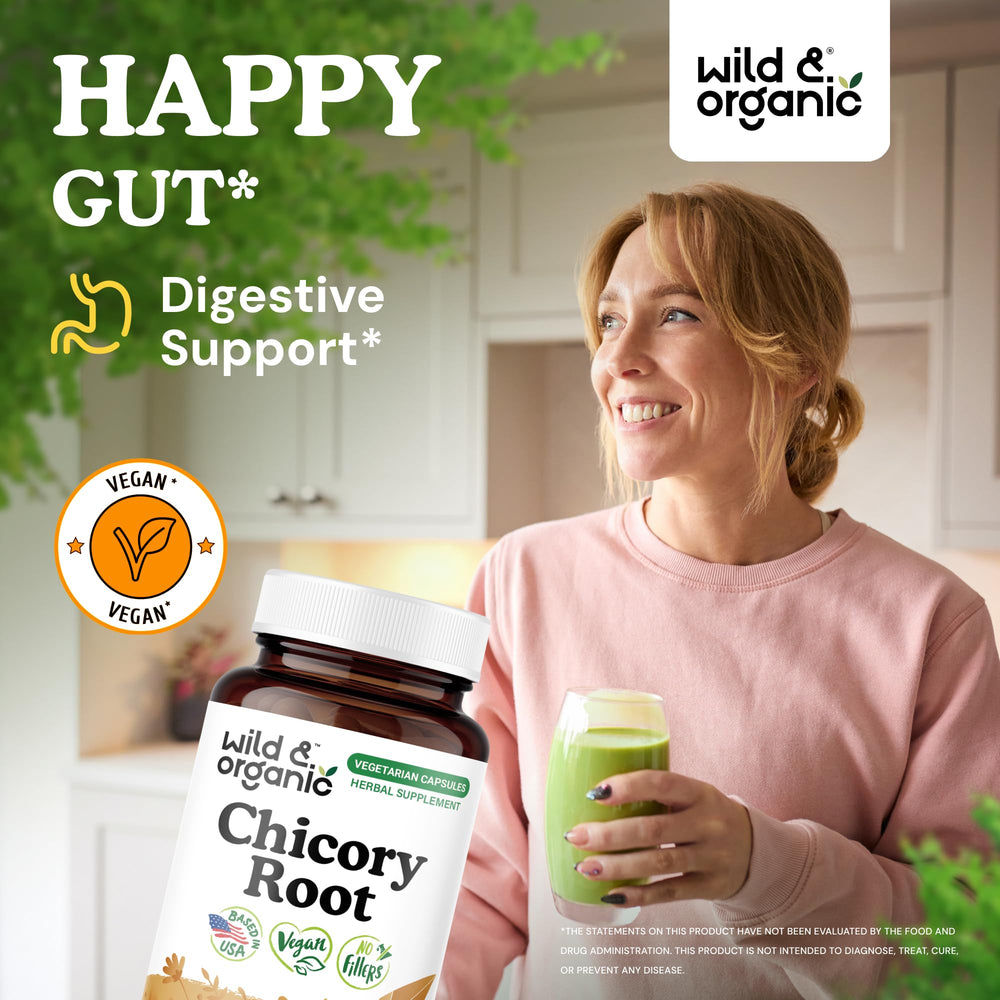 Wild & Organic chicory root fiber capsules closeup highlighting vegan inulin prebiotic formula
