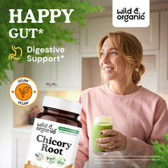 Wild & Organic chicory root fiber capsules closeup highlighting vegan inulin prebiotic formula