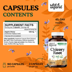 Wild & Organic chicory root fiber capsules label detail shows non-GMO plant-based ingredients