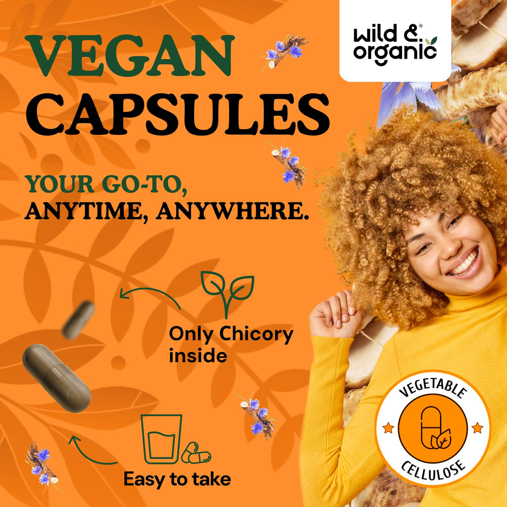 Wild & Organic chicory root fiber capsules pouring demonstrates easy-to-take design