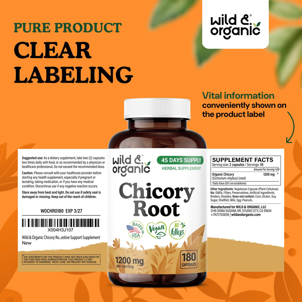 Wild & Organic chicory root fiber capsules vegan coating closeup emphasizes plant-based protection