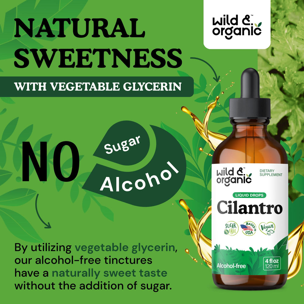 Wild and Organic cilantro tincture bottle on kitchen counter