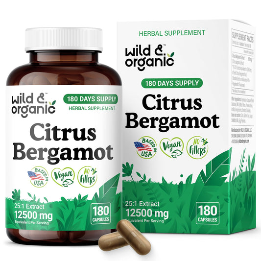 Wild and Organic Citrus Bergamot capsules bottle front for daily antioxidant support.