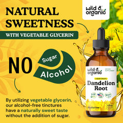 Wild & Organic Dandelion Root Extract Drops nutrition panel shows 650 mg per serving.