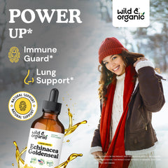 Wild & Organic drops pour into a small spoon, highlighting easy dosing and glycerin sweetness.