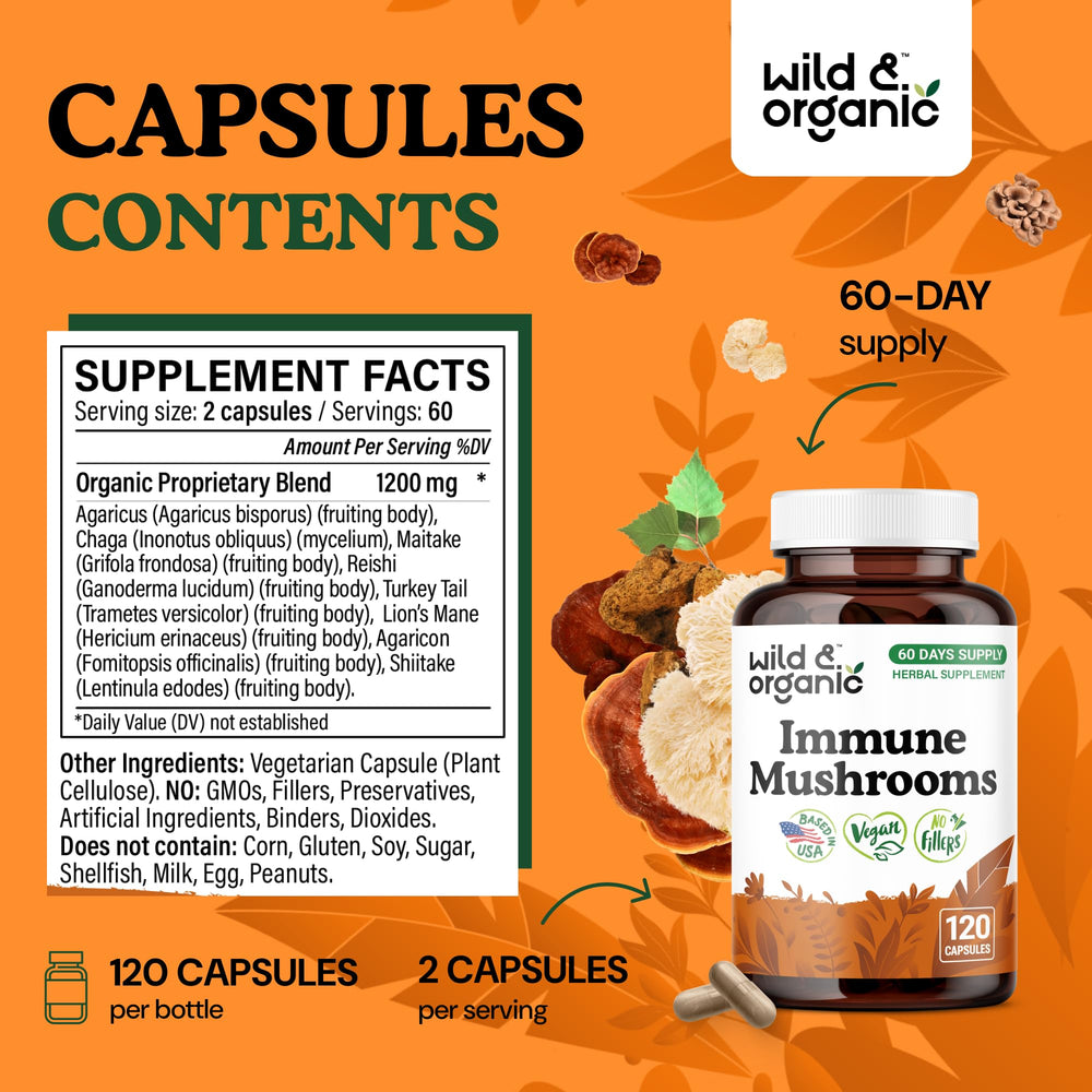 Wild & Organic eight-mushroom blend ingredients close-up, including turkey tail and chaga.