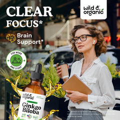 Wild & Organic Ginkgo Biloba drops label front highlighting vegan, alcohol-free formula