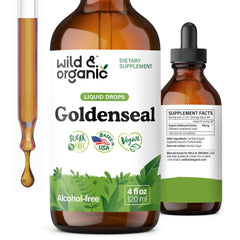 Wild & Organic Goldenseal tincture bottle shows vegan, alcohol-free daily support.