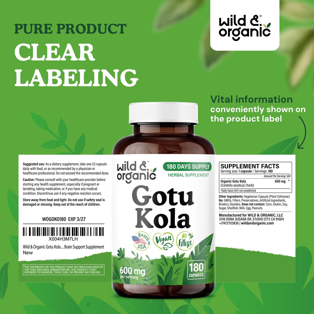 Wild & Organic Gotu Kola Capsules packaging demonstrates sustainable vegan product.