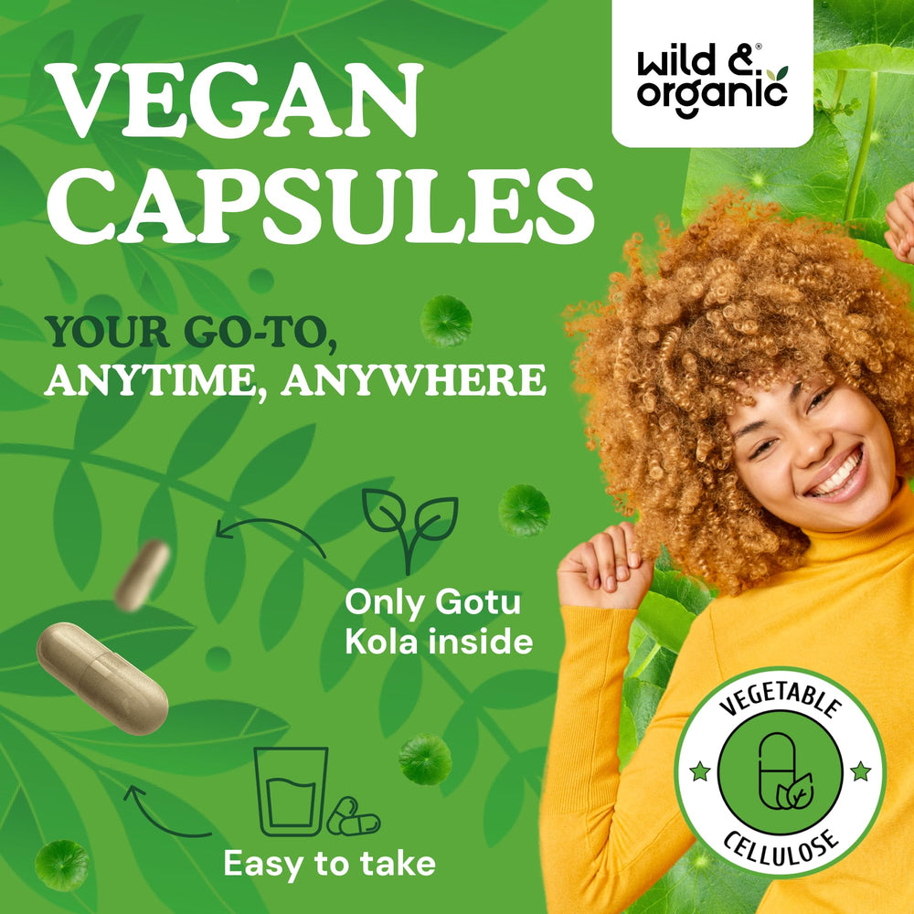 Wild & Organic Gotu Kola capsules closeup reveals smooth coating