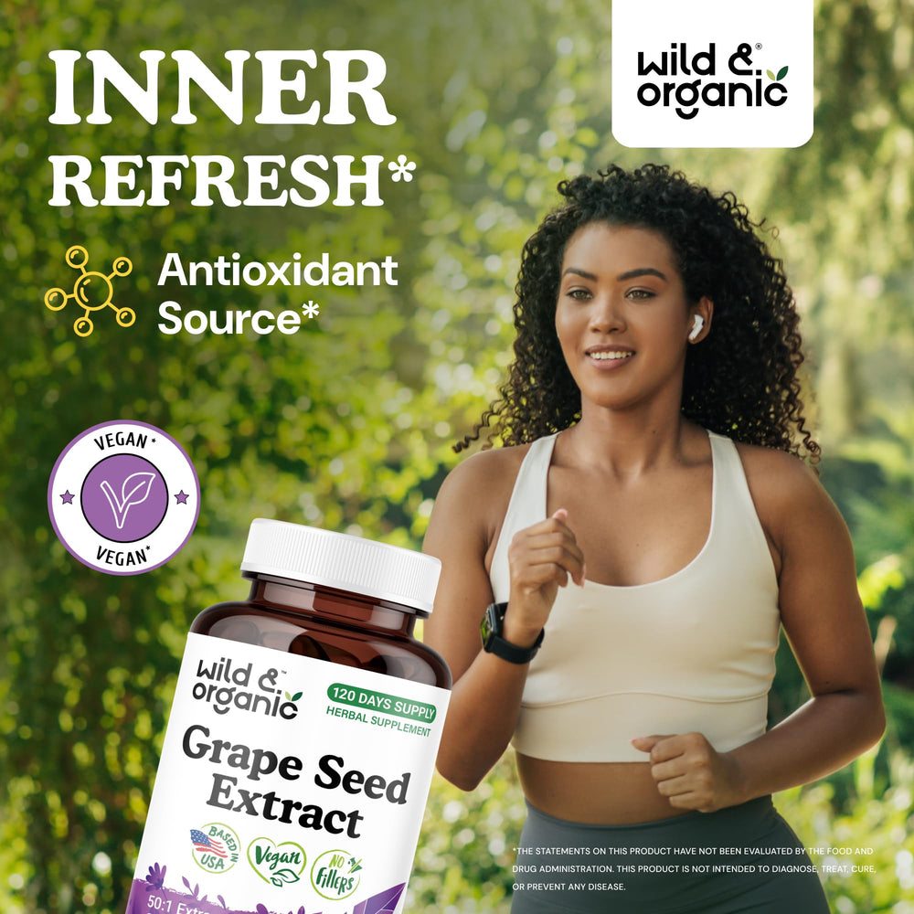 Wild & Organic Grape Seed Extract Capsules ingredients detail showing natural plant-based blend